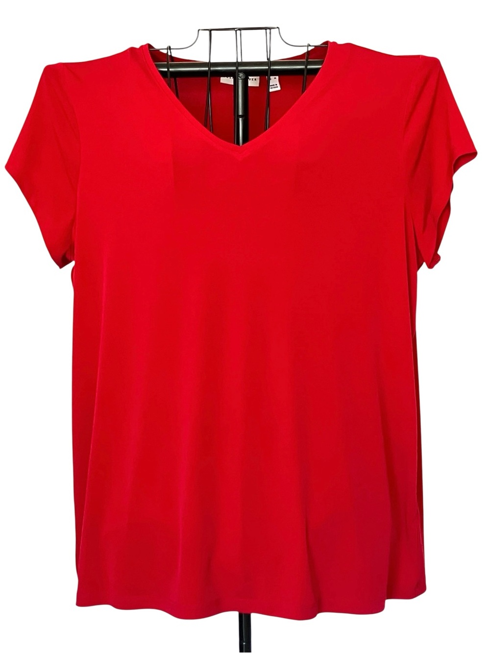 Susan Graver Liquid Knit Popover Tee Top Classic Red A380018 Size XL Cap Sleeve